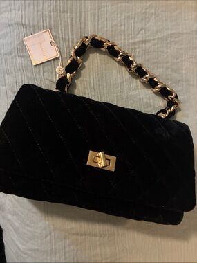 NWT Quilted Black Velvet Shoulder Bag with Gold Chain